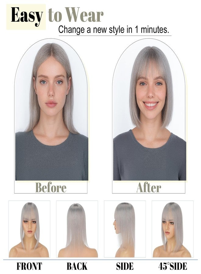 SEGO Grey Hair Toppers for Women Real Human Hair With Bangs, 10 * 12 CM Silk Base Clip In Topper Wiglet, Top Pieces for Women with Thinning Hair -10 Inch #G1 Silver Grey - Image 5